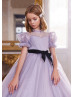 Puff Sleeves Beaded Tulle Flower Girl Dress With Horsehair Hem